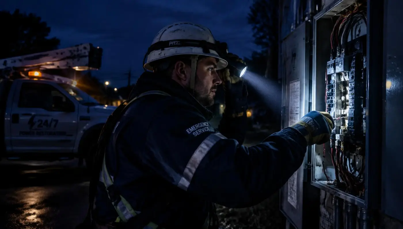Eletricista atendendo emergência à noite